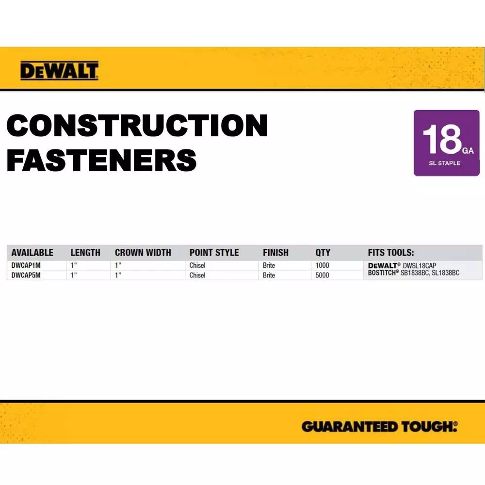 Fastening Tools DEWALT 18-Gauge 5/16 In. Crown Cap Staples (1,000-Pack) 5 Fastening Tools DEWALT 18-Gauge 5/16 In. Crown Cap Staples (1,000-Pack) - Image 3