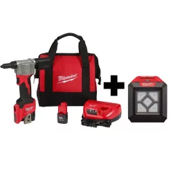 Fastening Tools Milwaukee M12 12-Volt Lithium-Ion Cordless Rivet Tool Kit With (2) 1.5Ah Batteries, Charger And 1000 Lumens M12 Flood Light