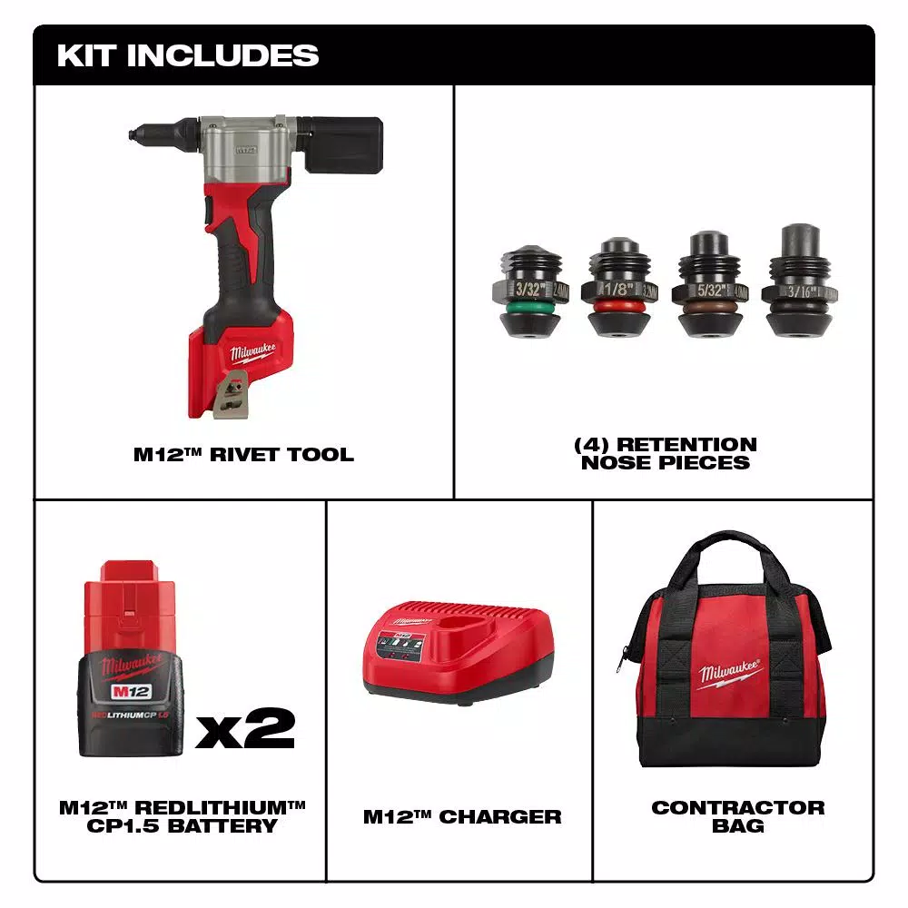 Fastening Tools Milwaukee M12 12-Volt Lithium-Ion Cordless Rivet Tool Kit With (2) 1.5Ah Batteries And Charger 4 Fastening Tools Milwaukee M12 12-Volt Lithium-Ion Cordless Rivet Tool Kit With (2) 1.5Ah Batteries And Charger - Image 2