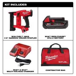 Fastening Tools Milwaukee M18 FUEL 18-Volt Lithium-Ion Brushless Cordless 18-Gauge 1/4 In. Narrow Crown Stapler Kit W/ Battery 2Ah, Charger & Bag -Tools Shop milwaukee staple guns 2749 21ct 40 1000